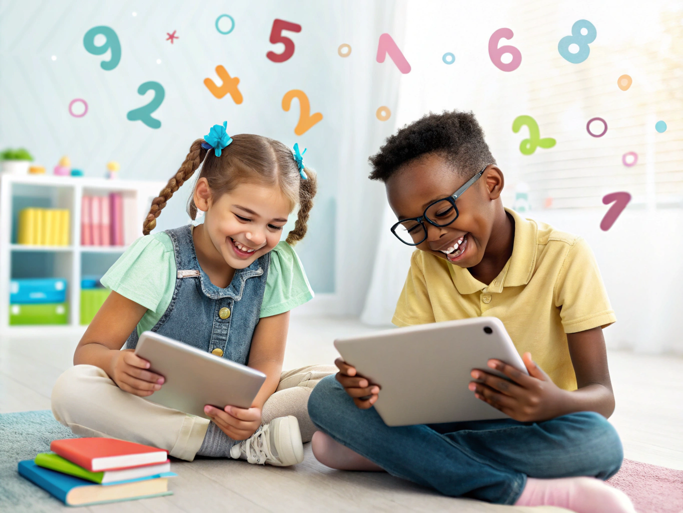 Children happily discovering learning games and adventures with an AI helper